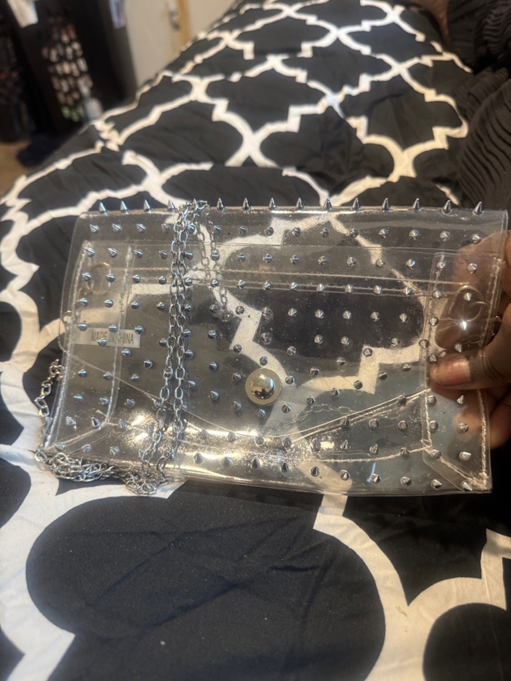 Clear Studded Chain Shoulder Bag - Transparent